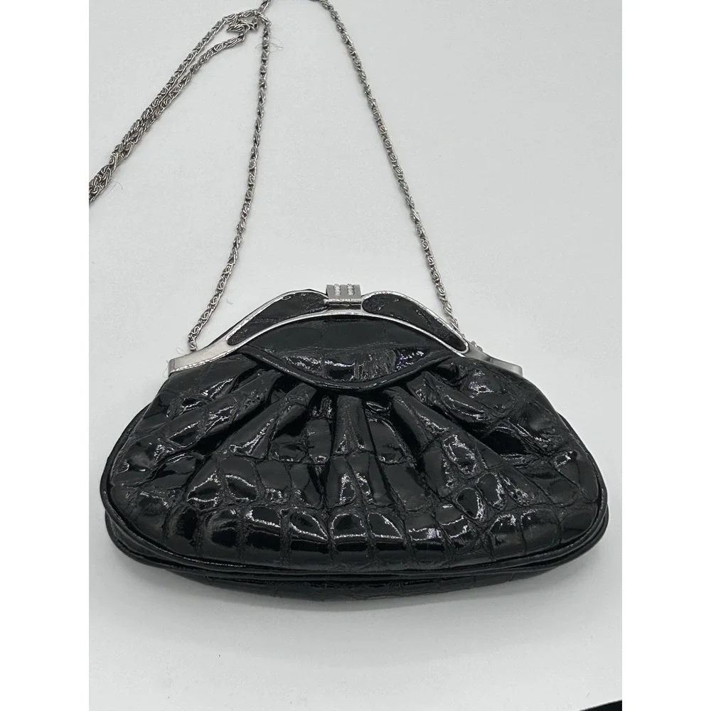 VTG. Black Patent Croc Embossed Clutch Rhinestone Floral Evening Bag Chain Strap